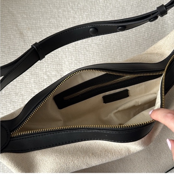 Zara linen off white ecru & black trim contrast oval crescent shoulder bag purse - Picture 6 of 8